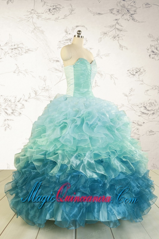 2015 Prefect Blue Quinceanera Dresses with Beading and Ruffles
