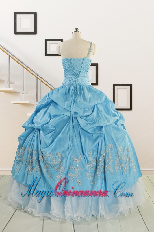 2015 Pretty One Shoulder Appliques Quinceanera Dresses in Aqua Blue