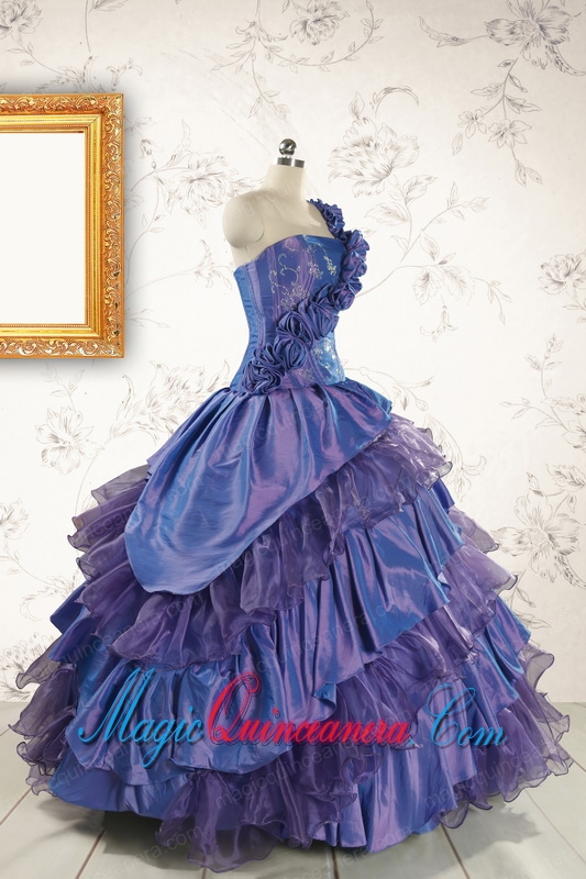 2015 Remarkable One Shoulder Hand Made Flowers and Ruffles Quinceanera Dresses