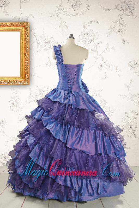 2015 Remarkable One Shoulder Hand Made Flowers and Ruffles Quinceanera Dresses