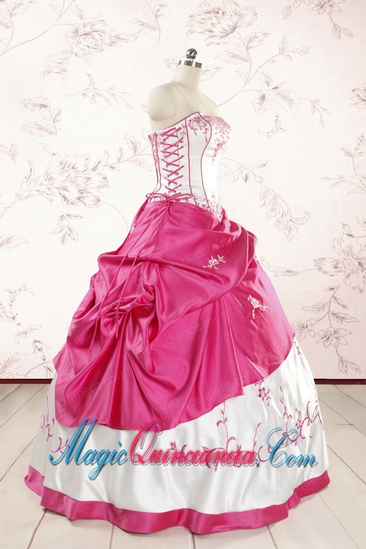 Luxurious Embroidery Sweet 15 Dresses in White and Hot Pink