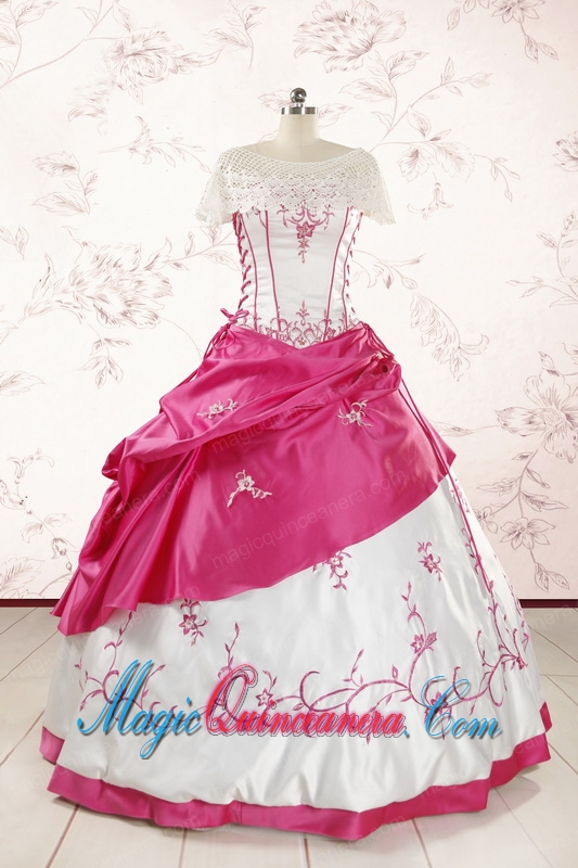 Luxurious Embroidery Sweet 15 Dresses in White and Hot Pink