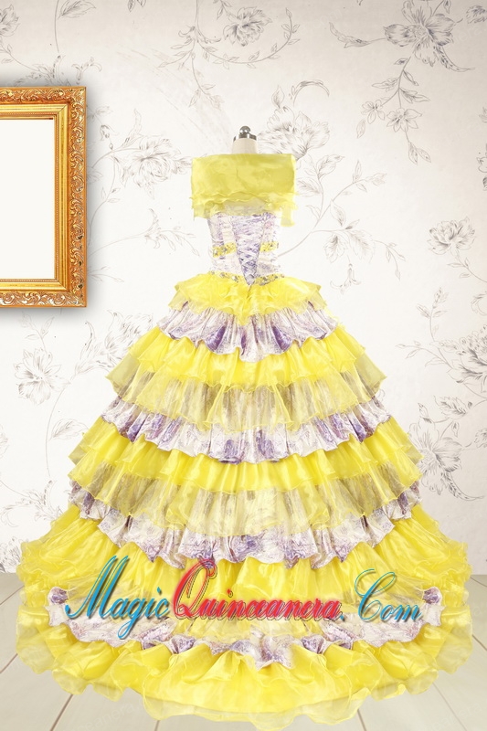 Popular Beading Yellow Sweet 15 Dresses with Sweep Train