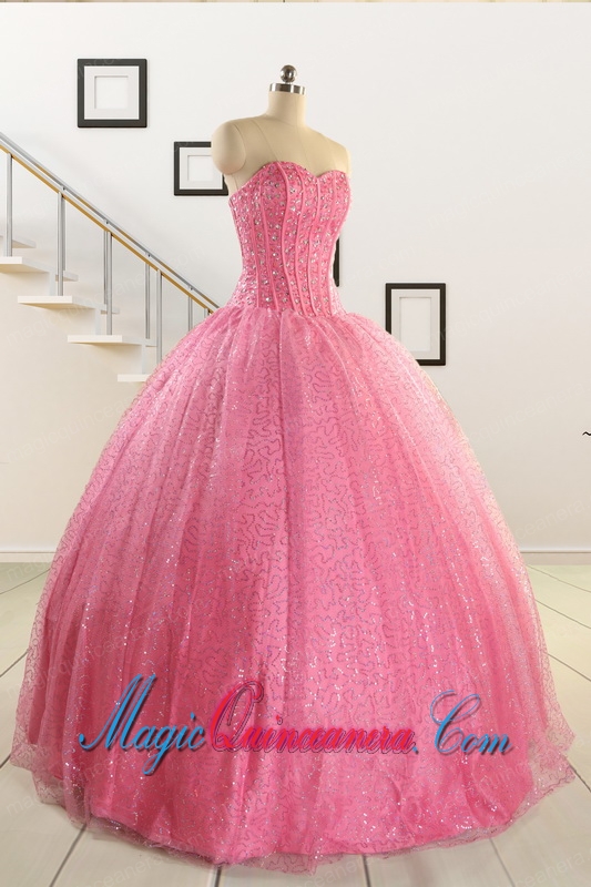 Simple Sweetheart Sequins Quinceanera Dress in Rose Pink For 2015