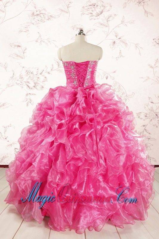 2015 Pretty Hot Pink Quinceanera Dresses with Appliques and Ruffles