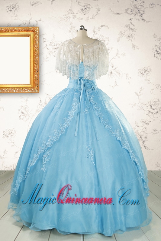 2015 Puffy Beading Baby Blue Quinceanera Dress with Wraps