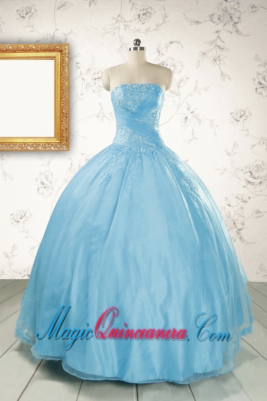 2015 Puffy Beading Baby Blue Quinceanera Dress with Wraps