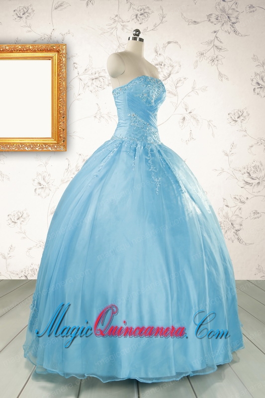 2015 Puffy Beading Baby Blue Quinceanera Dress with Wraps