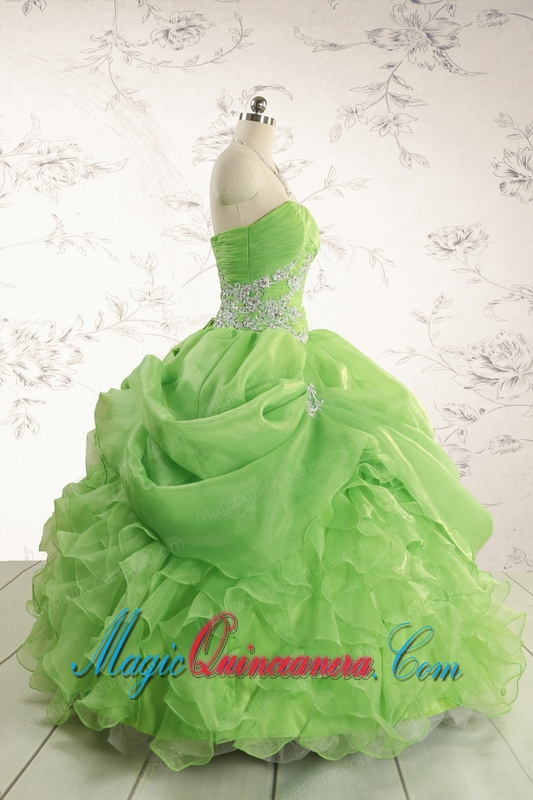 2015 Puffy Strapless Appliques Quinceanera Dresses in Spring Green