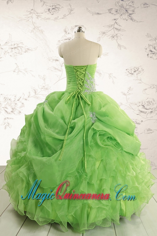 2015 Puffy Strapless Appliques Quinceanera Dresses in Spring Green