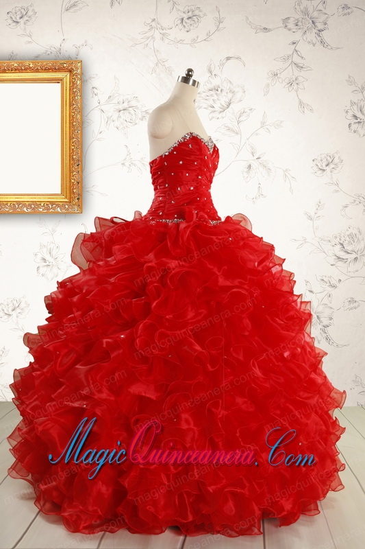Pretty Ball Gown Sweetheart 2015 Red Quinceanera Dresses with Beading