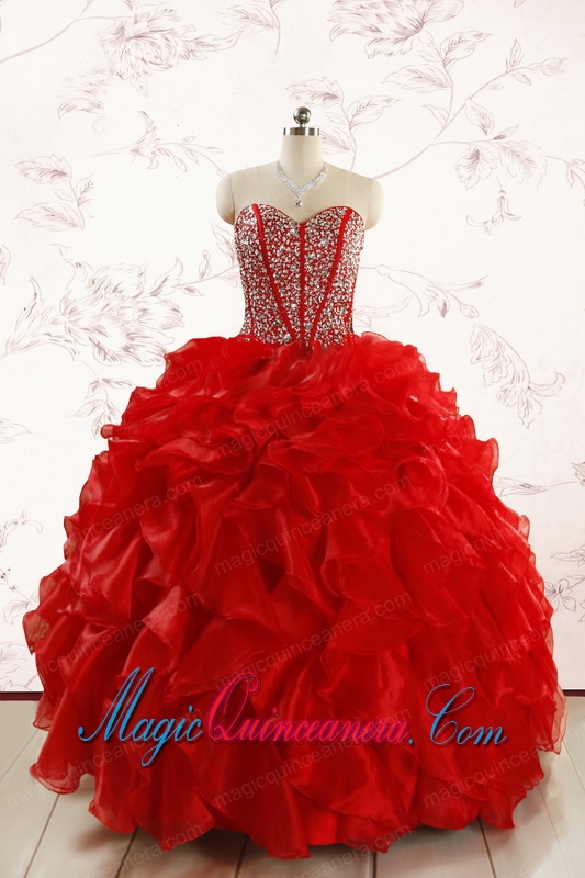 Red Beading and Ruffles Sweetheart Pretty Quinceanera Dresses for 2015