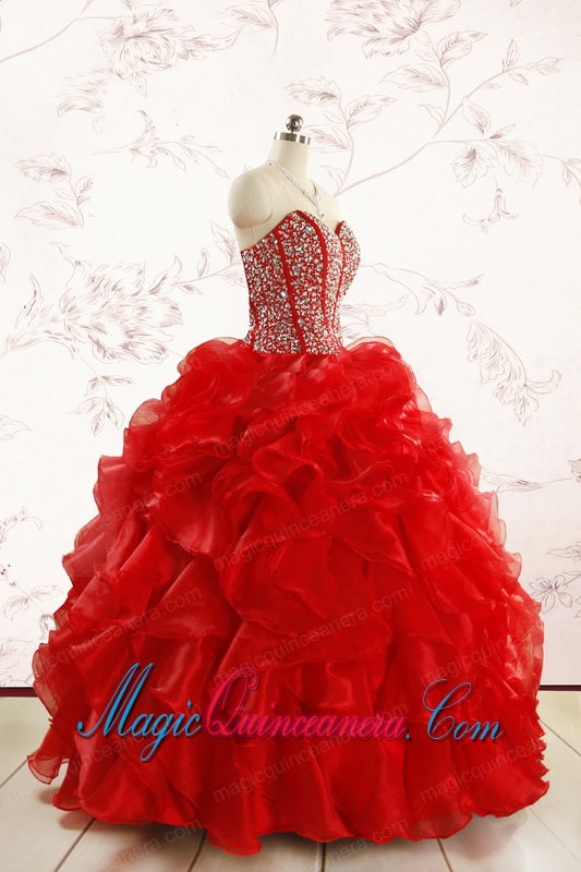 Red Beading and Ruffles Sweetheart Pretty Quinceanera Dresses for 2015