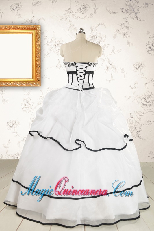 2015 Cheap Appliques and Ruffles White and Black Quinceanera Dresses