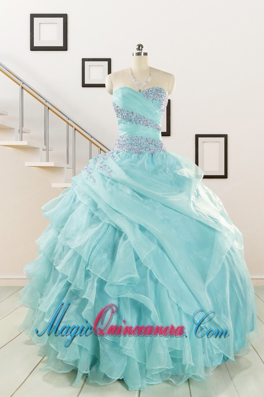 Beading and Ruffles Pretty Quinceanera Dresses in Turquoise for 2015