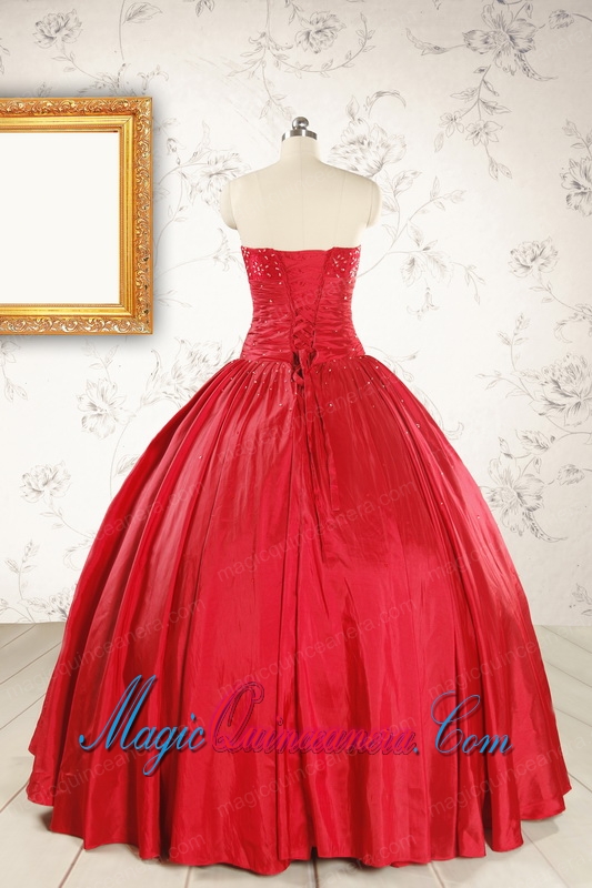 Cheap Red Strapless Sweet 16 Dresses with Beading