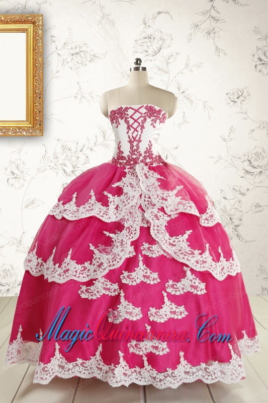 2015 Cheap Hot Pink Quinceanera Dresses with Appliques