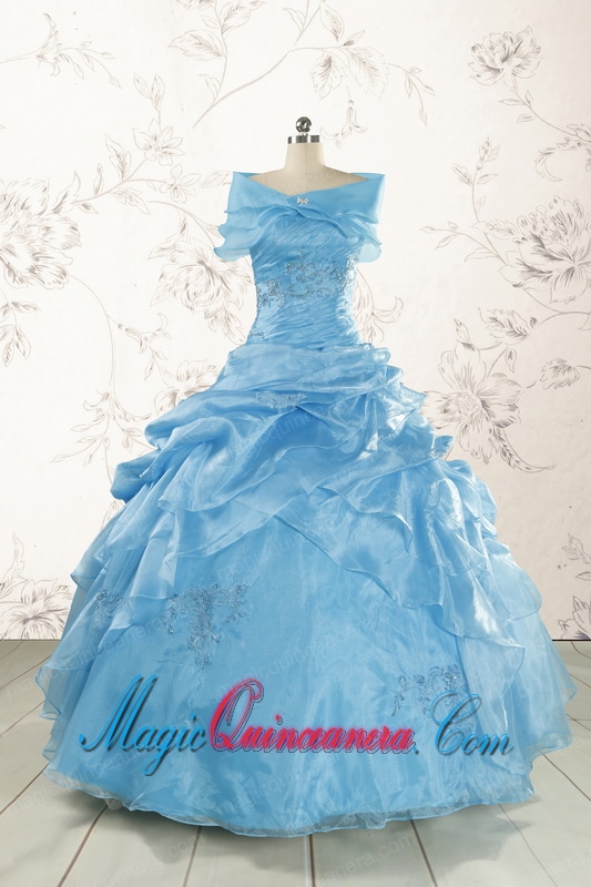 2015 Aqua Blue Hot Sale Appliques Quinceanera Dresses