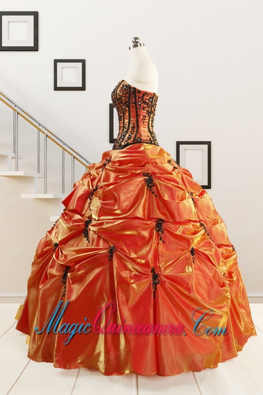 2015 Cheap Appliques Quinceanera Dresses in Orange Red and Black