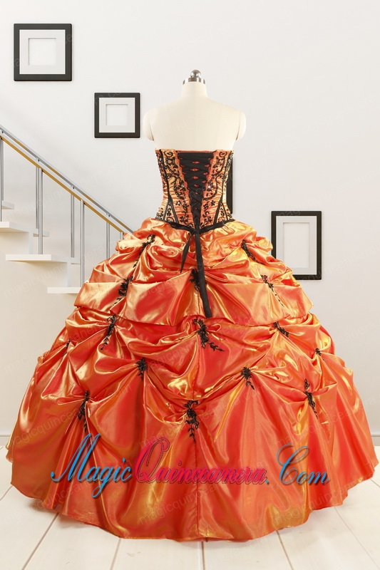 2015 Cheap Appliques Quinceanera Dresses in Orange Red and Black