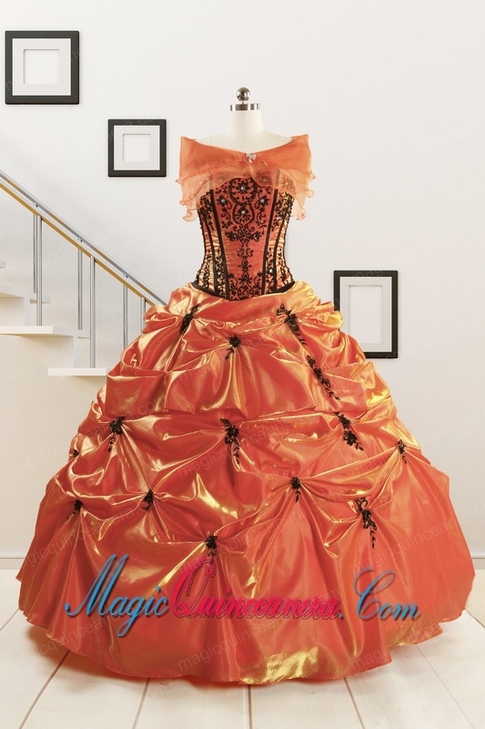2015 Cheap Appliques Quinceanera Dresses in Orange Red and Black