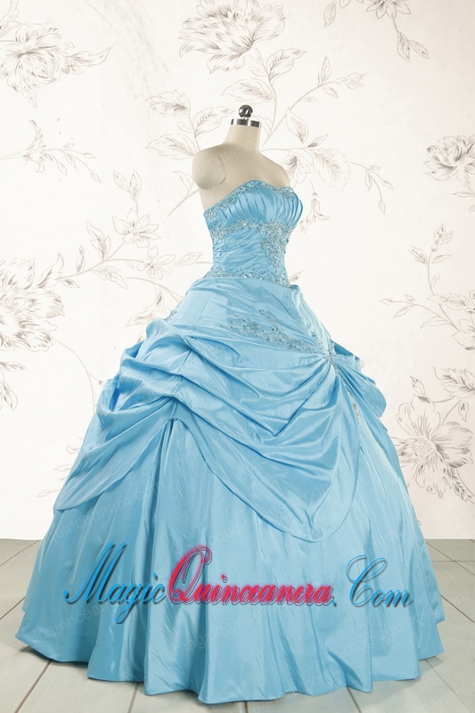 2015 Discount Strapless Appliques Sweet 15 Dress in Aqua Blue