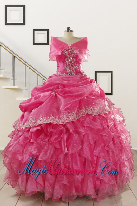2015 Pretty Appliques and Ruffles Quinceanera Gowns in Hot Pink