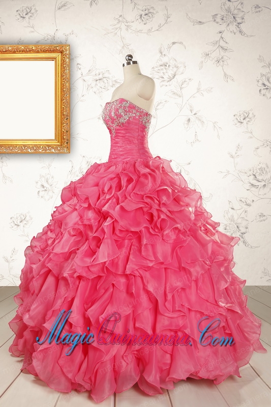Hot Pink Strapless Beading and Ruffles Ball Gown 2015 Quinceanera Dresses