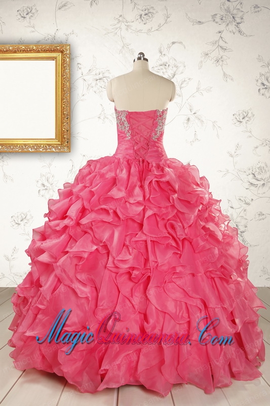 Hot Pink Strapless Beading and Ruffles Ball Gown 2015 Quinceanera Dresses