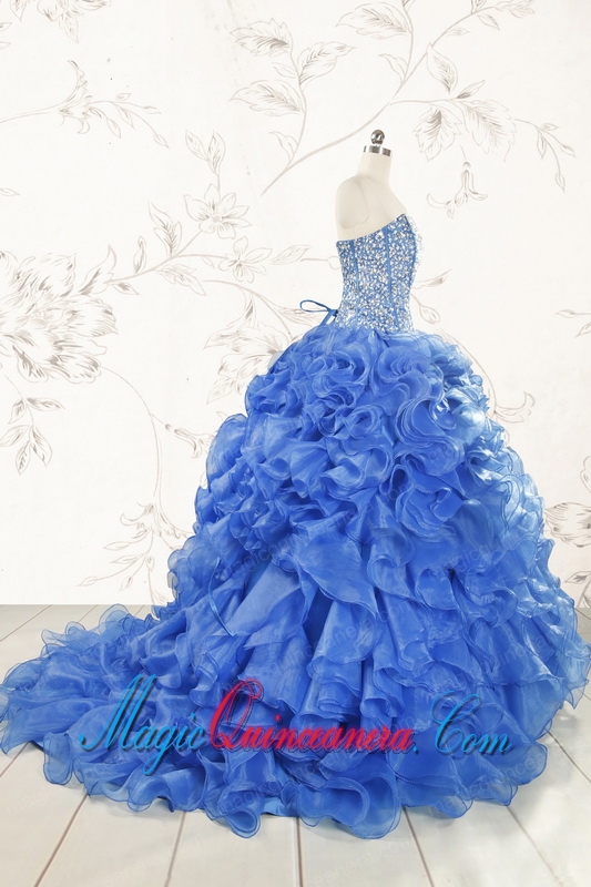 Hot Sale Beading Royal Blue Sweet 15 Dresses with Sweep Train