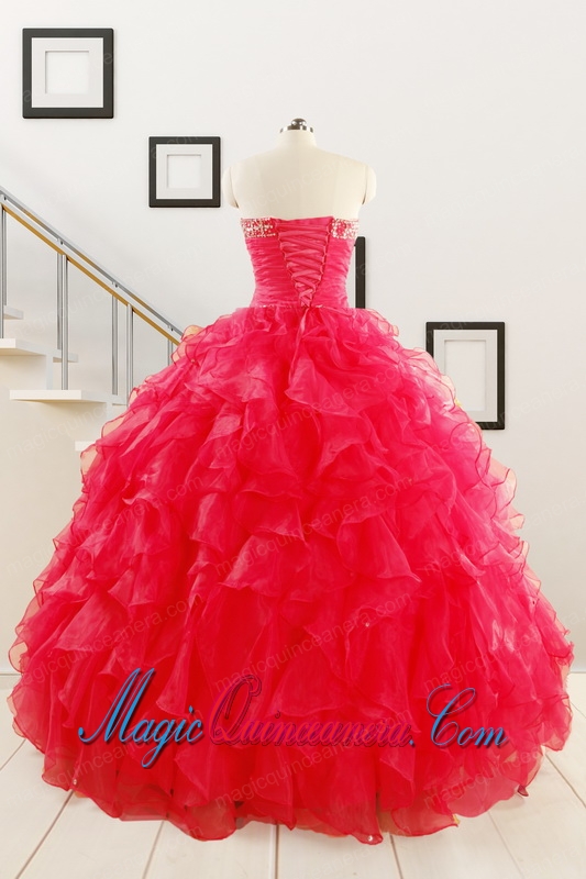 Pretty Ball Gown Sweetheart 2015 Sweet 16 Dresses in Coral Red