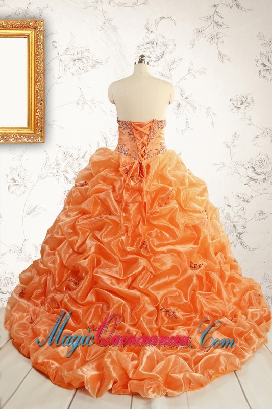 Unique Appliques Brush Train Quinceanera Dresses in Orange