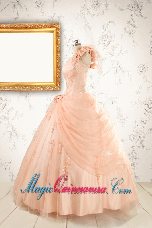2015 Pretty One Shoulder Appliques Quinceanera Dress in Peach