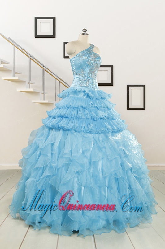 2015 Baby Blue One Shoulder Sweet 15 Dresses with Beading