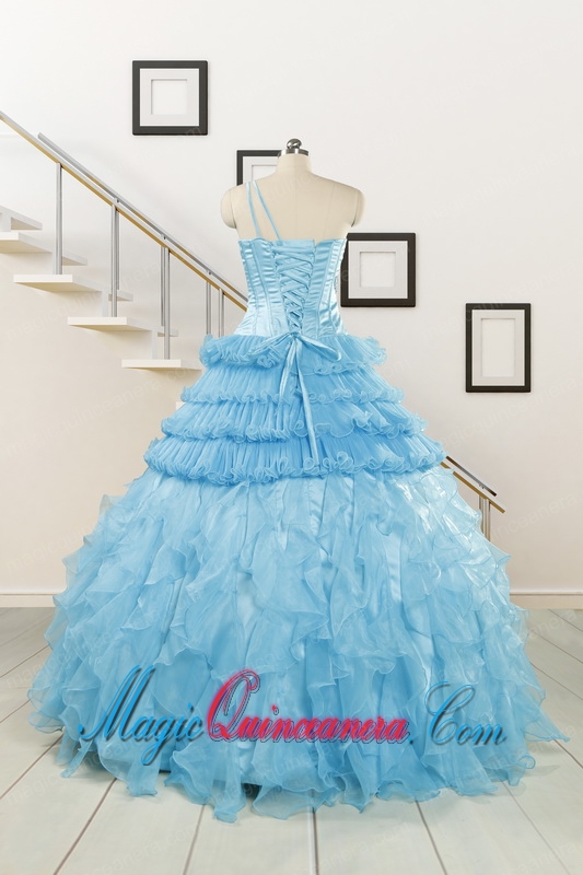 2015 Baby Blue One Shoulder Sweet 15 Dresses with Beading