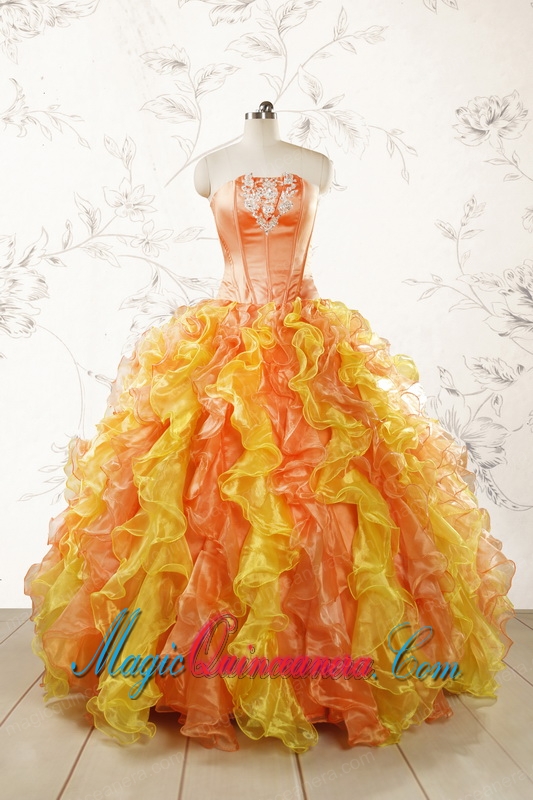 2015 Luuxurious Strapless Appliques and Ruffles Puffy Quinceanera Dresses