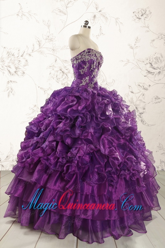 Purple Strapless 2015 Quinceanera Dress with Appliques