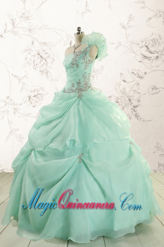 2015 Apple Green One Shoulder Cheap Quinceanera Dresses with Appliques