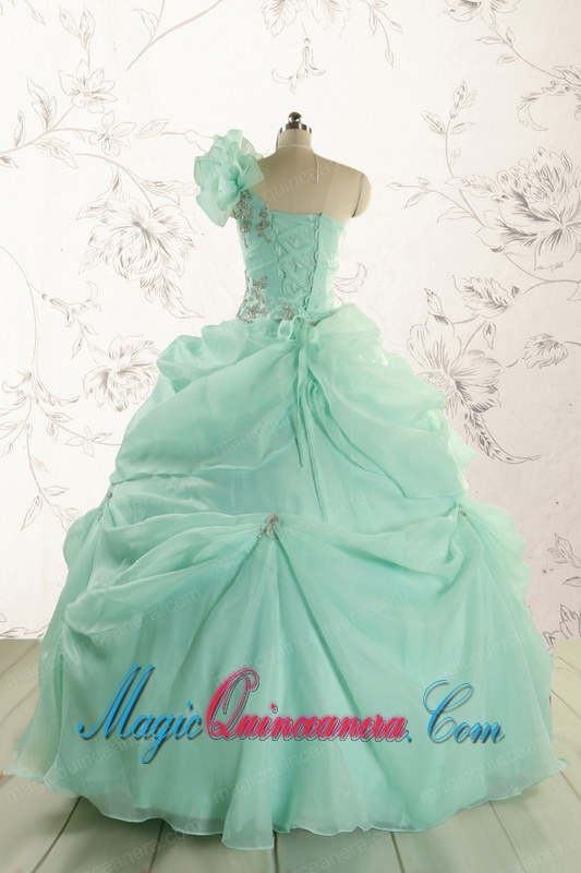 2015 Apple Green One Shoulder Cheap Quinceanera Dresses with Appliques