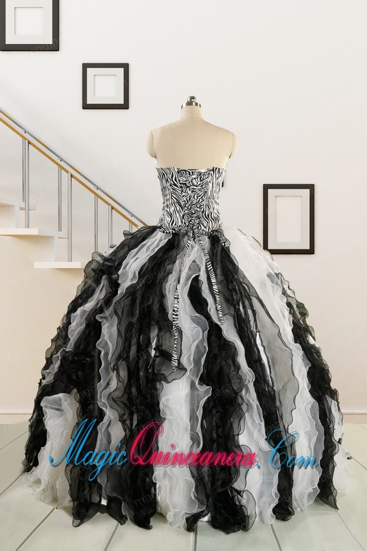 2015 Black and White Sweetheart Dress for Quinceanera with Ruffles
