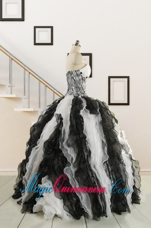 2015 Black and White Sweetheart Dress for Quinceanera with Ruffles