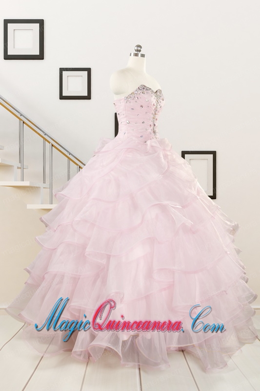 2015 Cute Baby Pink Quinceanera Dresses with Beading and Ruffles