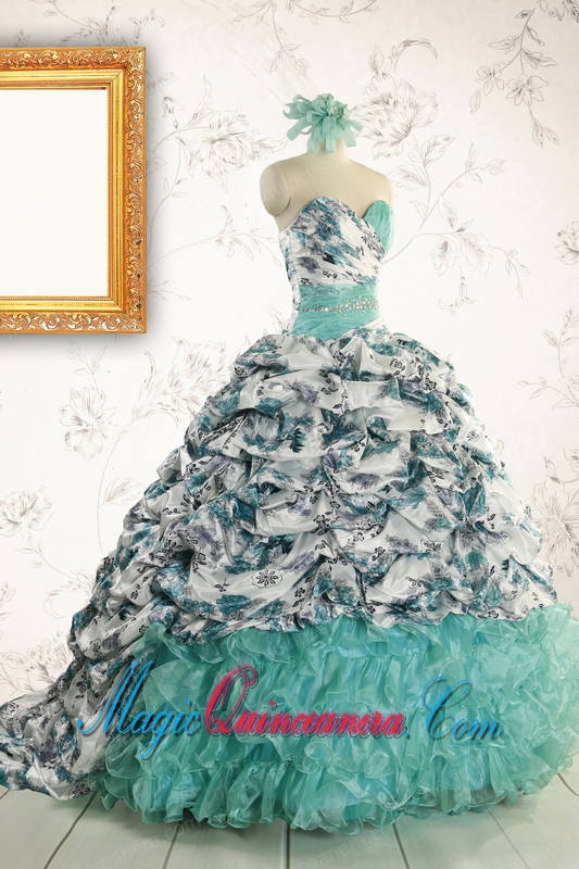 Exquisite Turquoise Sweep Train Quinceanera Dresses with Beading For 2015