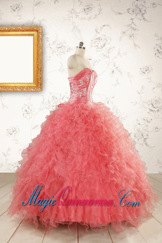 Watermelon Red Exquisite Quinceanera Dresseswith Appliques and Ruffles