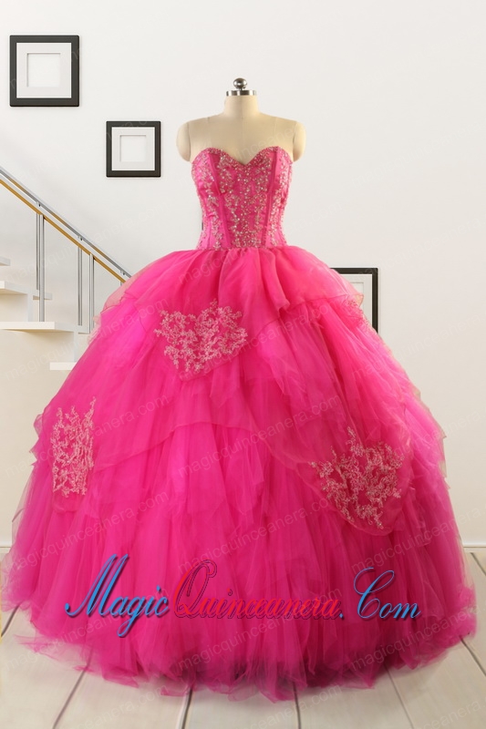 2015 Pretty Appliques Dresses For 15 in Hot Pink