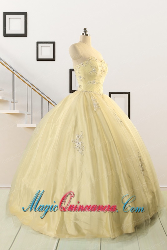 Latest Appliques Quinceanera Dress in Light Yellow For 2015