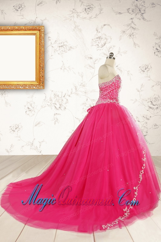 2015 Beautiful Hot Pink Quinceanera Dresses with Beading and Appliques