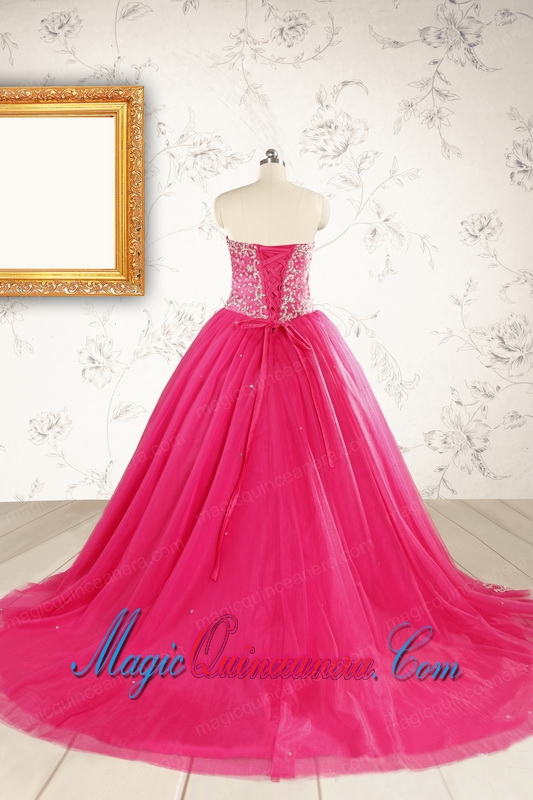 2015 Beautiful Hot Pink Quinceanera Dresses with Beading and Appliques