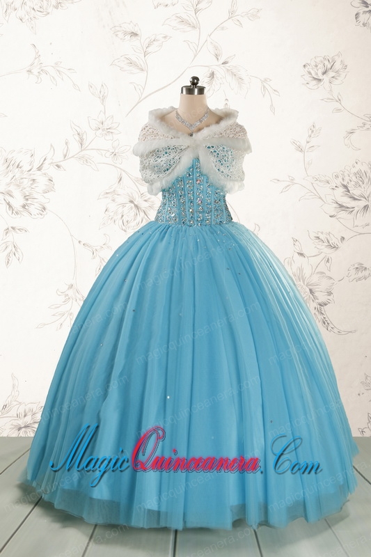 2015 Brand New Style Ball Gown Beading Quinceanera Dress in Baby Blue