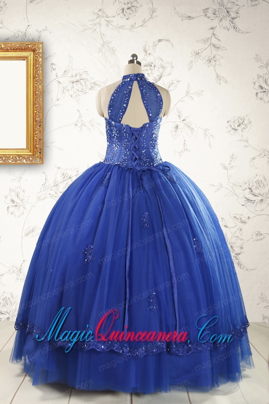 2015 HalterTop Appliques and Beading Dresses For 15 in Royal Blue